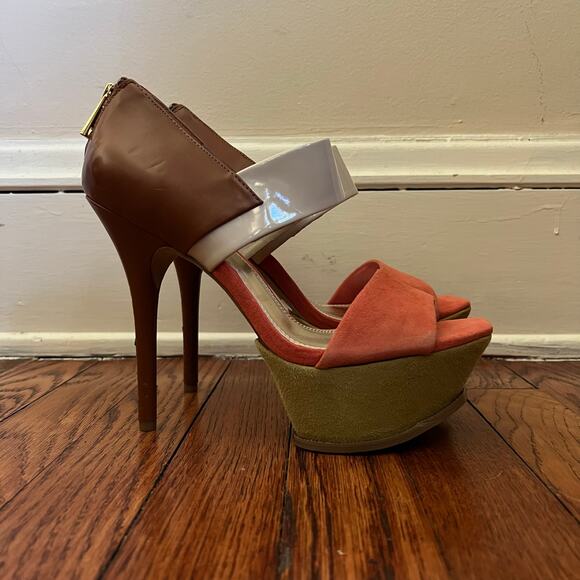 Suede Colorblock Venessa Stiletto Platform Heels Sandals Size 7.5 BackZip Boho - Picture 2 of 16